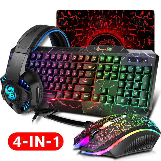 Gaming Keyboard Mouse LED Breathing Backlight Ergonomics Pro  Combos USB Wired Full Key Professional Mouse Keyboard 4 In1